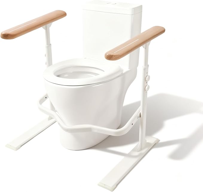 Toilet Safety Rails for Seniors - Toilet Safety Frame with Nighttime Reflective Armrests & Base, 3-Speed Height Adjustment, Toilet Support Frame Fits Most Toilets (Wood Color)