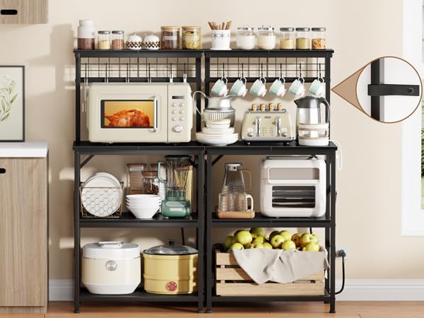 Furologee Kitchen Bakers Rack with Power Outlet, Microwave Oven Stand with Storage 4 Tiers, Coffee Bar Table with 6 S Hooks, Kitchen Storage Shelf Rack for Spices, Pots,Black