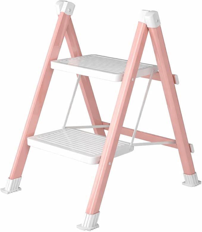 DIAMONDFORGE 2 Step Ladder, Folding Step Stool & Collapsible Stool for Kitchen, 330lbs Capacity with Wide Anti-Slip Pedal & Feet, Sturdy Steel Step Ladder for Home and Office, Pink & White