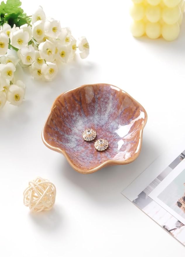Lotus Leaf Shape Ring Holder Dish, Small Key Bowl, Ceramic Trinket Tray Jewelry Dish Organizing Necklace Earrings for Mom Friend Sister. All Jewelries Are NOT Included. Purple.