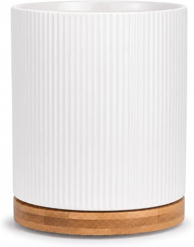 QUELIEN Utensil Holder, 360° Rotating Ceramic Kitchen Utensil Holder for Countertop, 7.7" Utensil Crock for Kitchen Counter with Rotatable Wooden Base,Ideal Housewarming Gift & Mothers Day Gift
