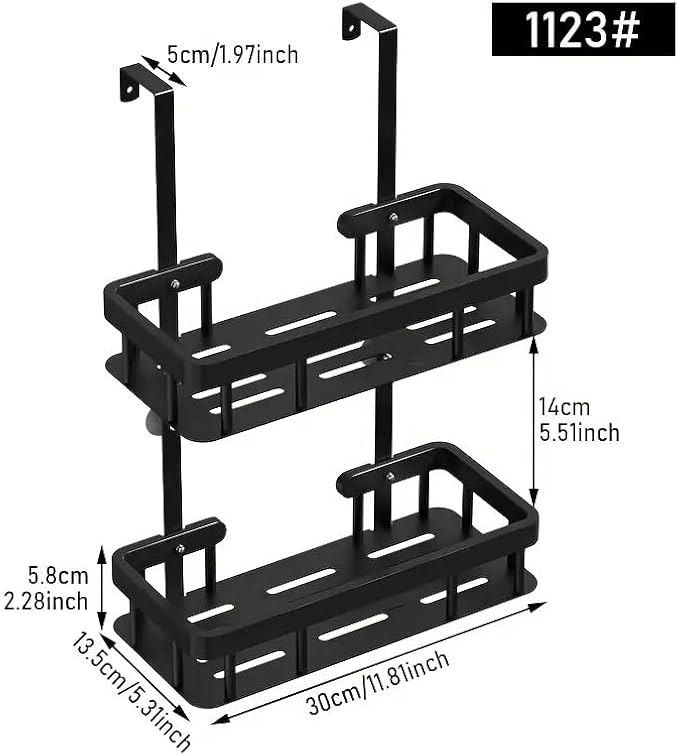 Over Door Shower Caddy, Black Rustproof Bathroom Organizer, 2-Tier Storage Rack, 11.81x5.31 Inch Shelves, No Drilling Required