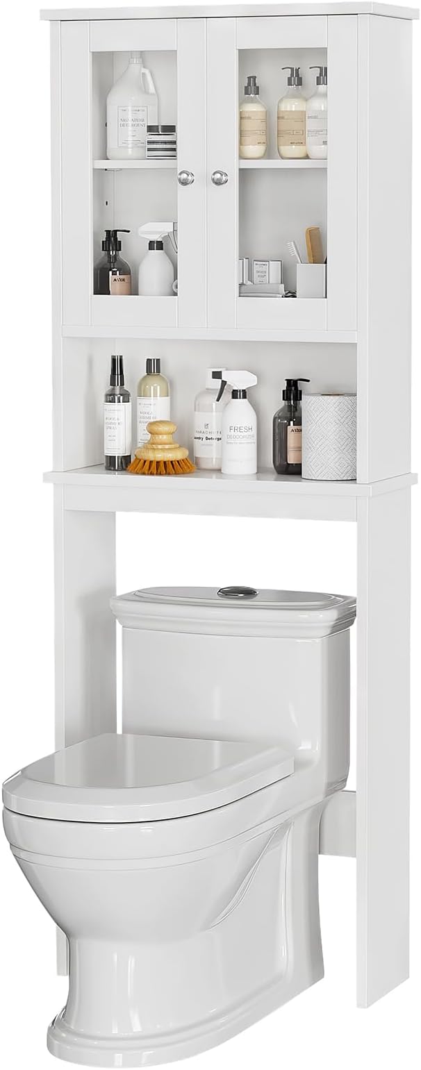 Over The Toilet Storage Cabinet for Bathroom, Storage Organizer Over Toilet, Space Saver with Tempered Glass Doors, White