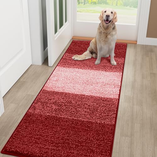 Smiry Dog Door Mat for Muddy Paws, Absorbs Moisture and Dirt, Low-Profile Entryway Mat with Non-Slip Backing, Entry Indoor Outdoor Doormat for Inside Floor (48x32 Inches, Burgundy, Striped)