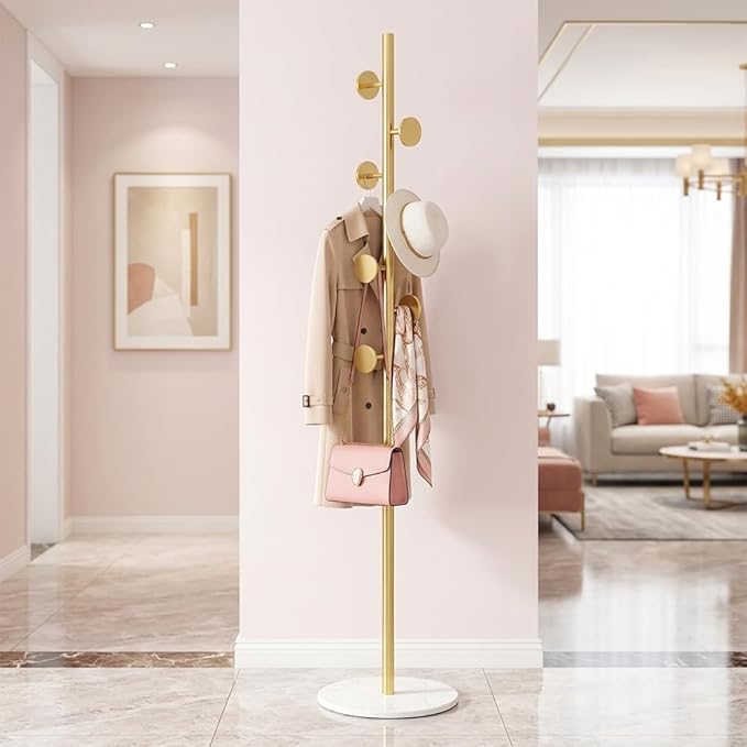 Coat Rack Freestanding Gold Clothes Rack with Marble Base & 7 Staggered Round Hooks, Heavy Duty Stable Coat Hanger Garment Stand for Entryway Bedroom, Hall Tree Racks for Clothing Hats Bags Purses