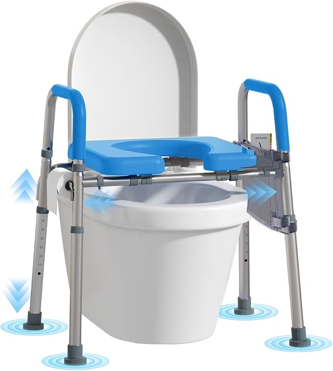 WHLICKS 500lbs Toilet Seat Risers with Handles, Padded Raised Toilet Seat for Seniors, Adjustable Height Toilet Riser, Handicap Elevated Seat, Fit Any Toilet, Blue