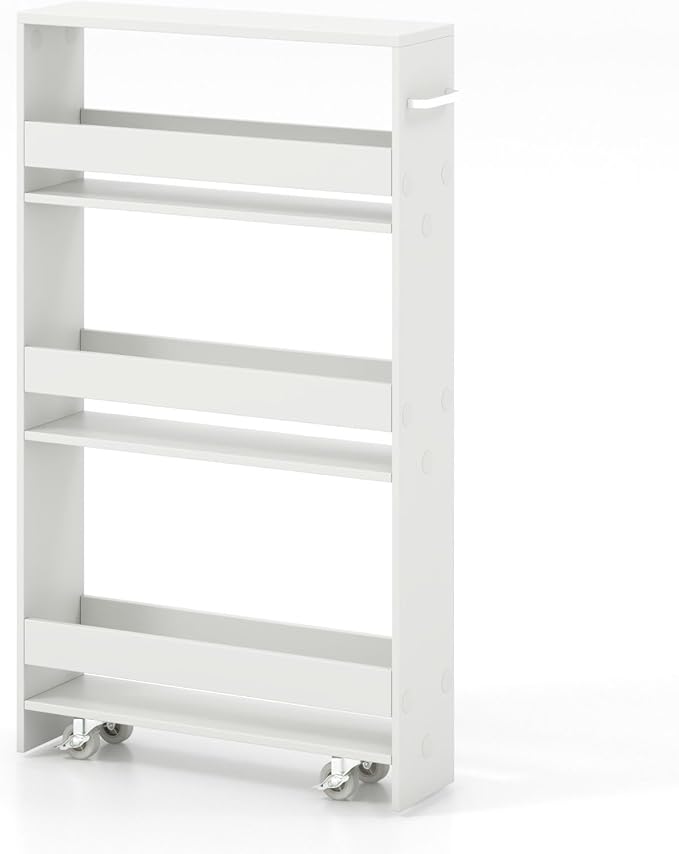 Giantex 4 Tier Rolling Slim Storage Cart, 5" Narrow Slide Out Kitchen Cart w/Handle & Open Shelves, Space-Saving Compact Mobile Utility Trolley for Small Space Laundry Room (White)