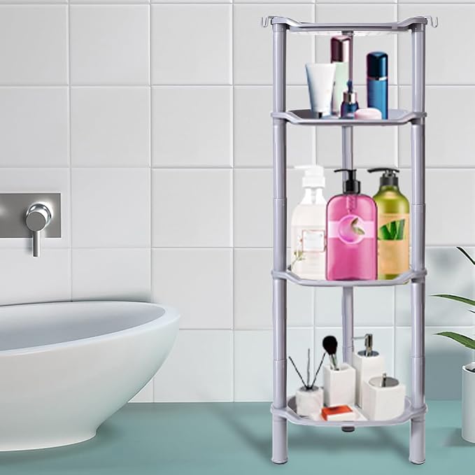 4 Tier Shower Caddy Corner,Plastic Shower Shelf Organizer for Inside Bathroom, Bathtub, Shower Pan, 13.5 x 10 x 33.5 Inches,Grey(Round Slot Grey 4 Tier)