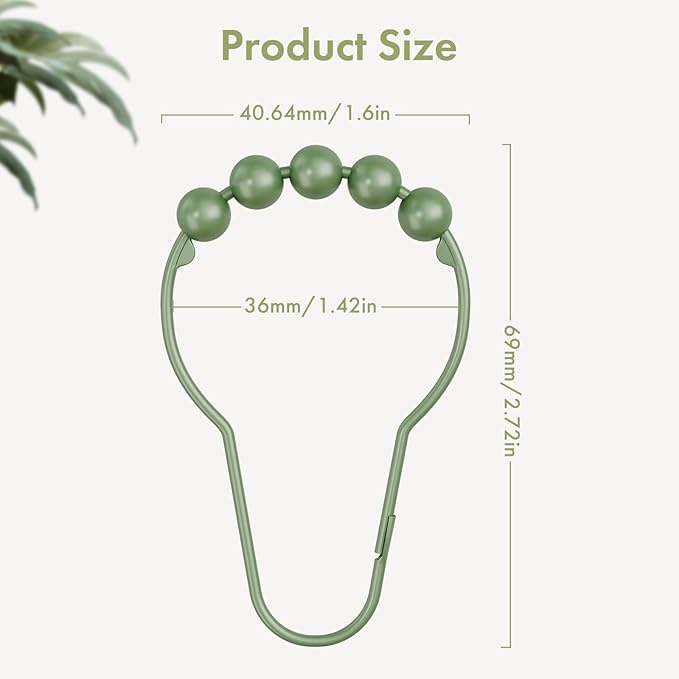 Amazer Shower Curtain Hooks, Decorative Shower Curtain Hooks, Sage Green Rustproof Stainless Steel Shower Hooks for Shower Curtain Liner Shower Rod Hook 12pcs