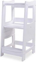 EGREE Toddlers Kitchen Step Stool with Safety Rail Kids Wooden Standing Tower for Kitchen Counter and Bathroom Sink, 3 Heights Adjustable Step Up Stool Mothers' Helper, Solid Wood Construction, White