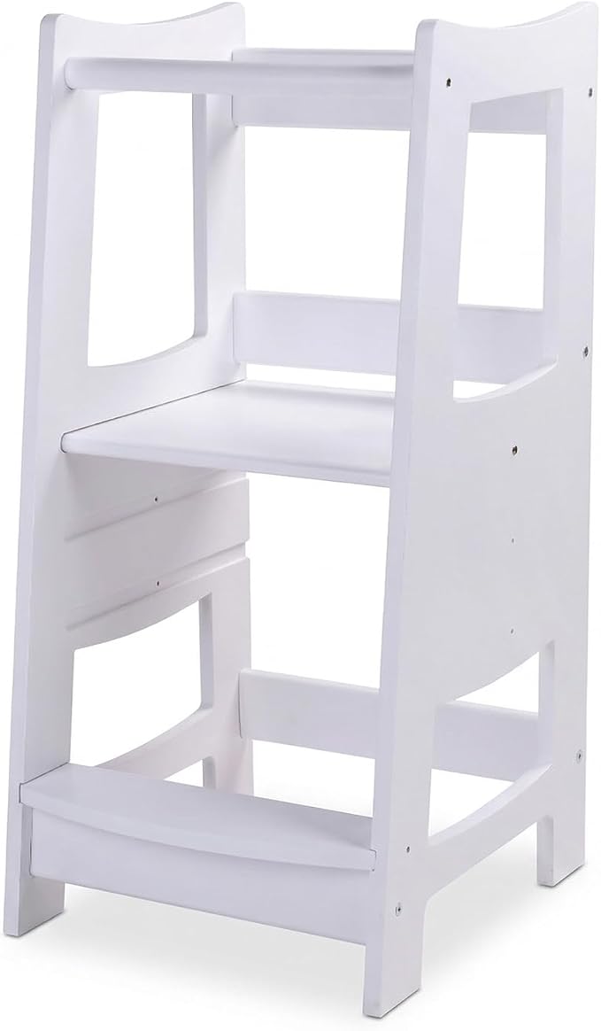 EGREE Toddlers Kitchen Step Stool with Safety Rail Kids Wooden Standing Tower for Kitchen Counter and Bathroom Sink, 3 Heights Adjustable Step Up Stool Mothers' Helper, Solid Wood Construction, White