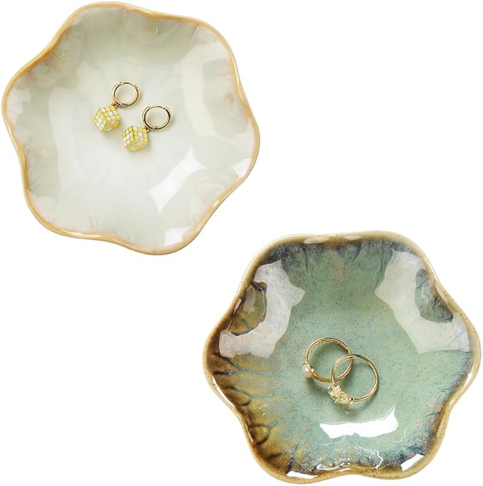 JAMEND CLXP Lotus Leaf Shape Ring Holder Dish, Small Key Bowl, Ceramic Trinket Tray Jewelry Dish Organizing Necklace Earrings for Mom Friend Sister. All Jewelries Are NOT Included. Crystal Green.