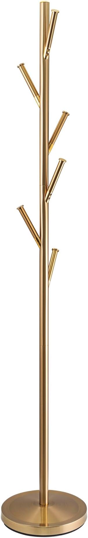 Kira Home Addison 68" Modern Gold Standing Coat Rack with 6 Hanging Hooks, Sleek Metal Gold Coat Stand with Weighted Base, Cool Brass Finish