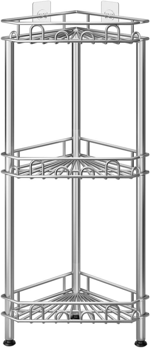 SWTYMIKI Standing Shower Caddy Corner - 3‑Tier Stainless Steel Shower Organizer Shelf with 12 Hooks and Adhesive Pads, Rustproof Corner Shelves Stand Rack for Bathroom Shower Room, Silver