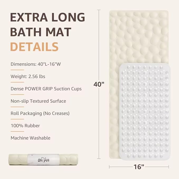 Bligli Bathtub Mat Non Slip, 16x40 inch Extra Long Bath Tub Mat with Strong Suction Cups, Soft Rubber Bathroom Floor Mat, Machine Washable, 100% BPA Free (Beige)