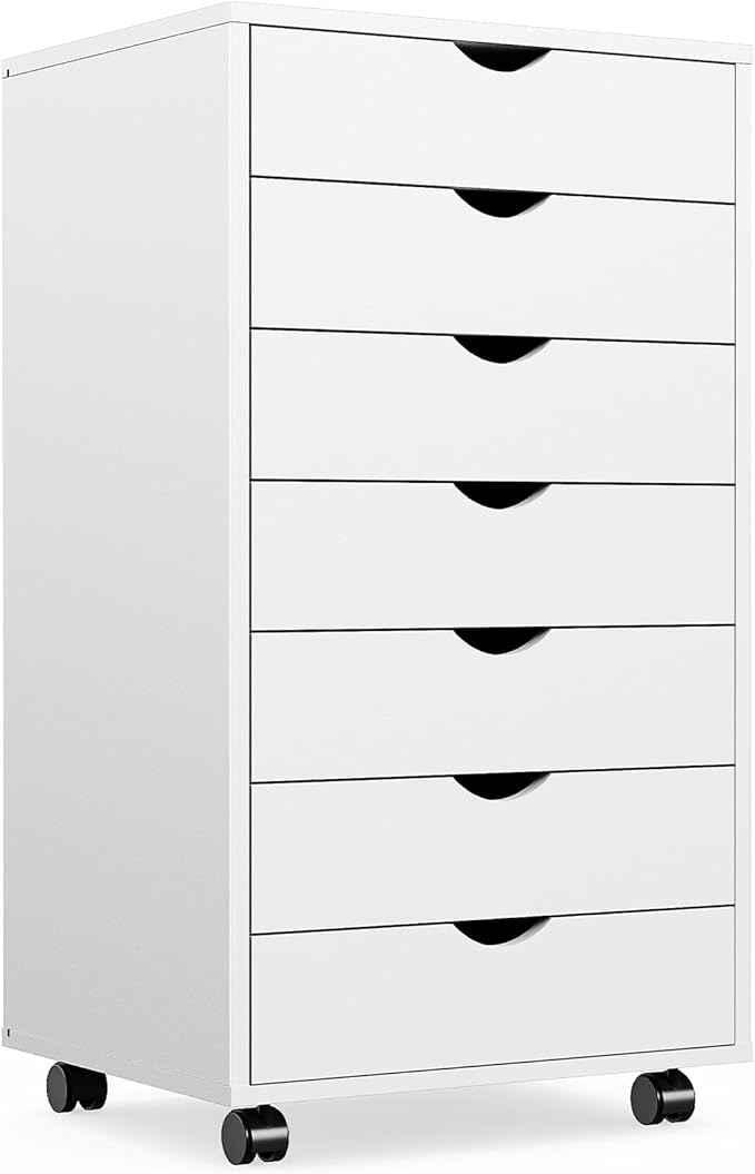 OLIXIS 7 Drawer Mobile File Cabinet Under Desk Storage Organization with Wheels Vertical Filing Chest Rolling Wood Small Desk Printer Stand for Home Office, 15.75"D x 18.74"W x 34.25"H, Classic White