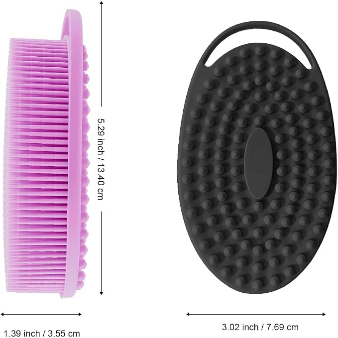 Soft Silicone Body Shower， Exfoliating Silicone Body Scrubber, Silicone Loofah 2 in 1 Bath and Shampoo Brush, Body Scrubber Shower Easy to Clean for Sensitive Skin, Lather Well 2 PCS Black and Purple