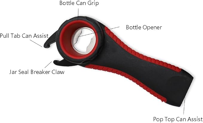 2 pcs 5 in 1 Multi-function Bottle Opener for Easily Opens Bottle Caps,Canning Lids,Can Tabs and Twist Caps (Black & Red)