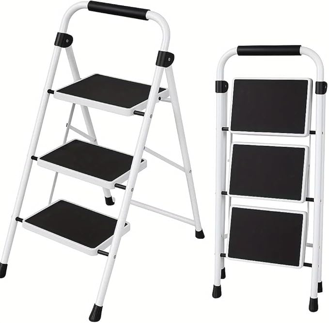 Simple Deluxe 3 Step Ladder, Step Stool Foldable, 800lbs Portable Ladder with Wide Anti-Slip Pedal, Step Stool for Adults, Lightweight Step Ladder for Home Kitchen and Outdoor, Black&White