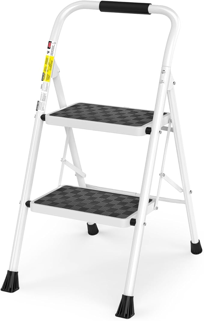 HBTower Step Ladder, Folding Step Stool with Wide Anti-Slip Pedal, Sturdy Steel Ladder, Convenient Handrail, Lightweight, Portable Steel Step Stool