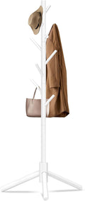 Unisakey Durable Wooden Coat Rack, Freestanding Coat Rack with Stable Triangular Base, 8 Hooks & 3 Adjustable Heights, Simple Assembly for Bedroom, Hallway, Office(New White)