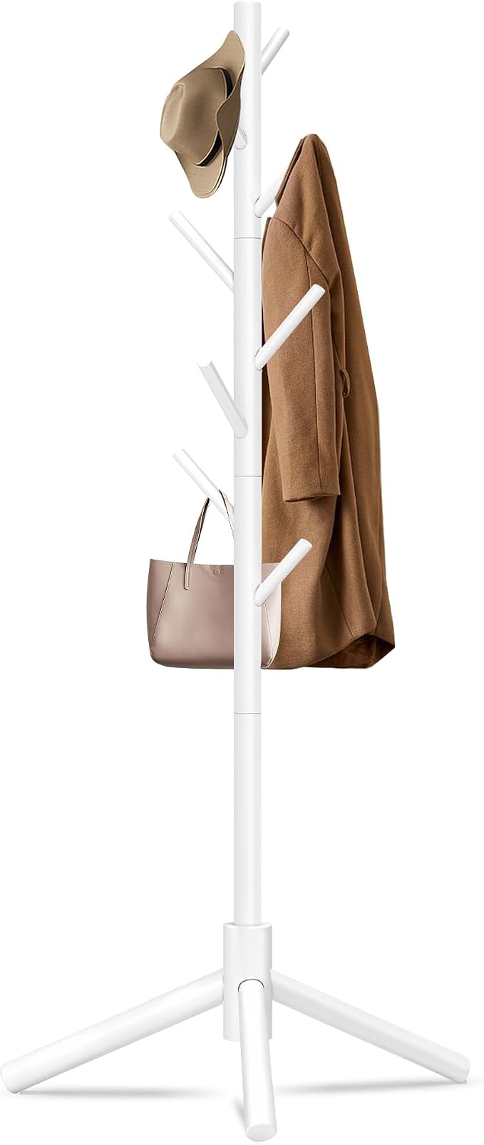 Unisakey Durable Wooden Coat Rack, Freestanding Coat Rack with Stable Triangular Base, 8 Hooks & 3 Adjustable Heights, Simple Assembly for Bedroom, Hallway, Office(New White)