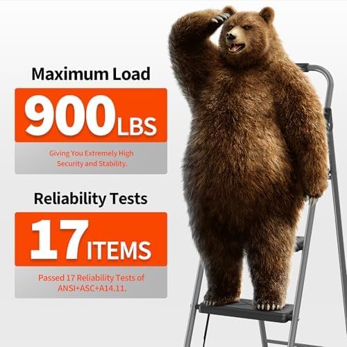 DIAMONDFORGE 3-Step Folding Ladder, Non-Slip Wide Pedal Step Stool with Soft Handle and Stable Feet, Heavy-Duty Steel Structure, 900lbs Capacity, Foldable Design for Home and Office, Grey