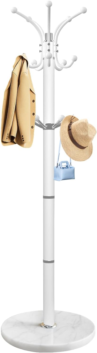 OIRUMIE Coat Rack with Natural Marble Base, Metal Freestanding Coat Racks with 14 Hooks, 360°Rotary Coat Rack Stand for Hanging Scarf, Bag, Jacket, White Coat Clothes Tree Hanger Holder Stand