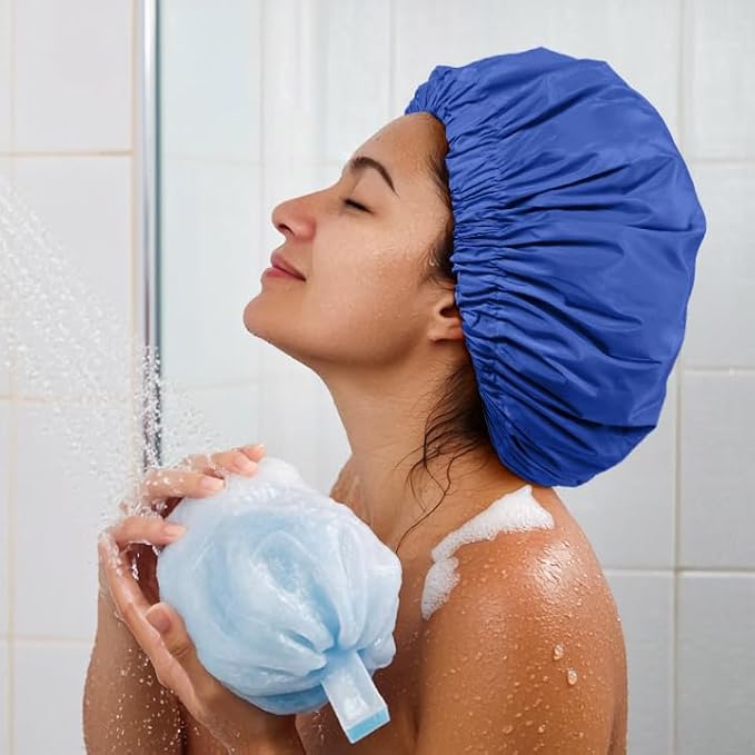 Reusable Shower Cap for Women, Large Waterproof Shower Bonnet with Elastic Band, Washable Bath Hair Cap for Long, Curly Hair, Braids, Daily Shower, Home Spa, Travel(Dark Blue)