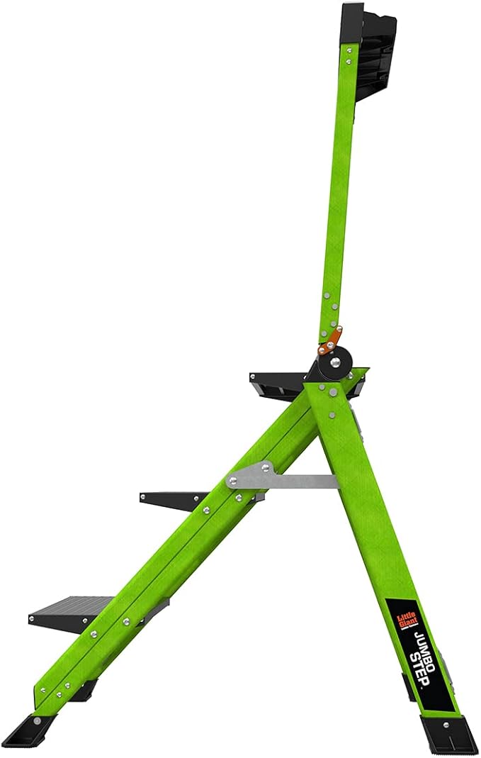 Little Giant Jumbo Step 3-Step Foldable 3-Ft Fiberglass Stool, Non-Conductive, Hi-Viz Green Rails, Extra-Wide Stair-Like Treads, Rotating Handrail, 375 lb. Type IAA, 11933