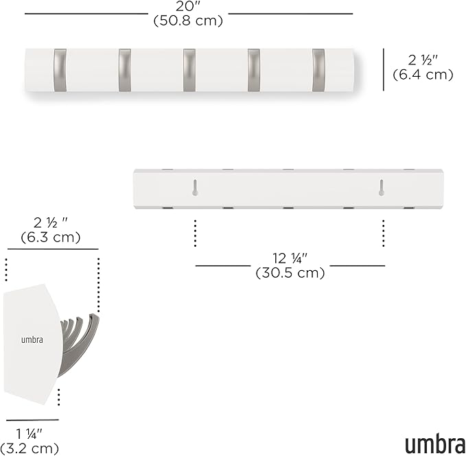 Umbra Flip Wall-Mounted Coat Rack with 5 Hooks – Modern, Space-Saving Storage for Hats, Jackets, Bags, Entryway, Mudroom, Closet, Bathroom, Bedroom – White/Nickel