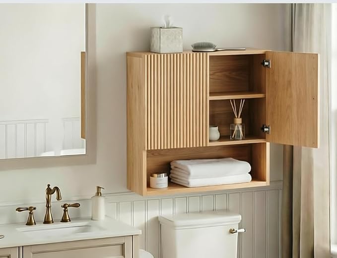 USHOWER Natural Bathroom Wall Cabinet, Thickened MDF Medicine Cabinet with 2 Fluted Doors & Open Shelf, Over the Toilet Storage Cabinet for Laundry Room, Living Room, Kitchen, Wall Mounted