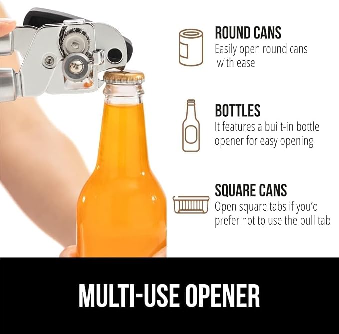 Multifunctional Stainless Steel Manual Can Opener and Bottle Opener, Heavy Duty Hand Held Can Opener with Easy Turn Knob, Sharp Blade Smooth Edge, Good Grips Kitchen Tool for Seniors (Black Silver)