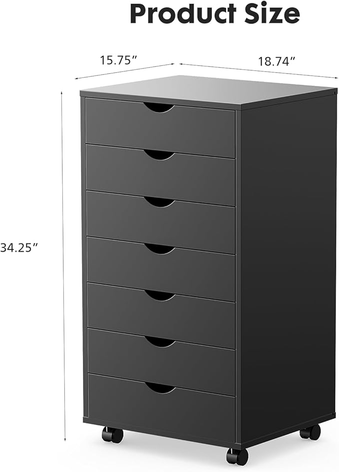 OLIXIS 7 Drawer Mobile File Cabinet Under Desk Storage Organization with Wheels Vertical Filing Chest Rolling Wood Small Desk Printer Stand for Home Office, 15.75"D x 18.74"W x 34.25"H, Black
