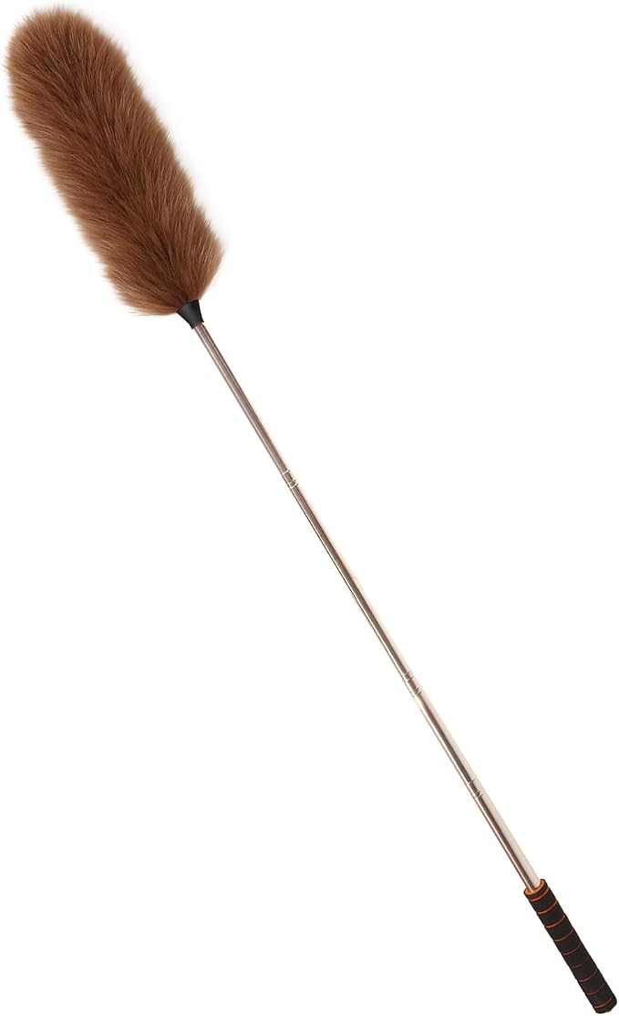 Lambs Wool Extendable Household Cleaning Duster 64" Wall Duster Cleaner with Stainless Steel Long Handle and Extension Pole for Cleaning High Ceiling Fan Interior Roof, Brown