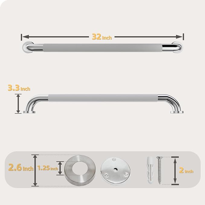 32 Inch Shower Grab Bar, Bathroom Grab Bar Handle with Anti-Slip Knurled Grip, Stainless Steel Bath Balance Bar, 1.25" Diameter Bath Safety Bar Support for Seniors Elderly Pregnant, Brushed Nickel