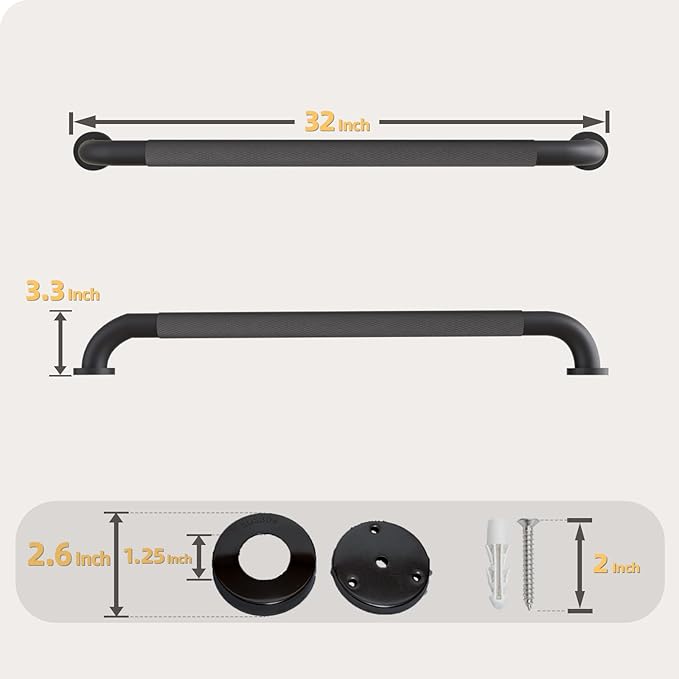 32 Inch Shower Grab Bar, Matte Black Bathroom Grab Bar Handle with Anti-Slip Knurled Grip, Stainless Steel Bath Balance Bar, 1.25" Diameter Bath Safety Bar Support for Seniors Elderly Pregnant