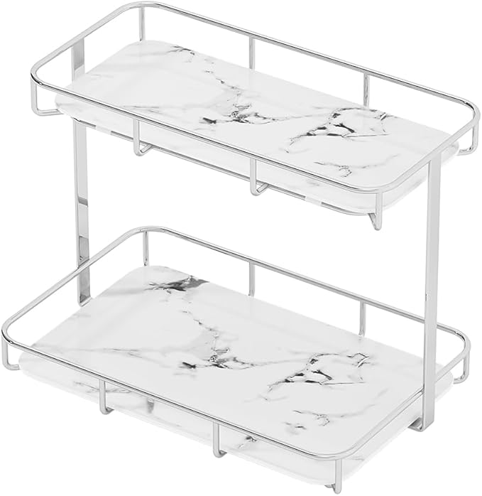 Bathroom Organizer Countertop Perfume Organizer Makeup Organizer Cosmetics Storage Display Rack Vanity Tray Dresser Stainless Steel Gold Shelf White Marble Ceramic Tray (2 Tier L-Sliver) | Perfume Organizer