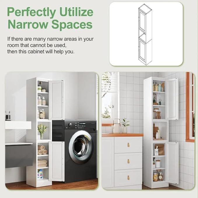 Ckzbx Tall Narrow Storage Cabinet 66.93" H Tall Bathroom Cabinets Metal Pantry Cabinet, 4 Adjustable Shelves for Kitchen, Home Office, Living Room, Dinning Room (12 inches Wide White)
