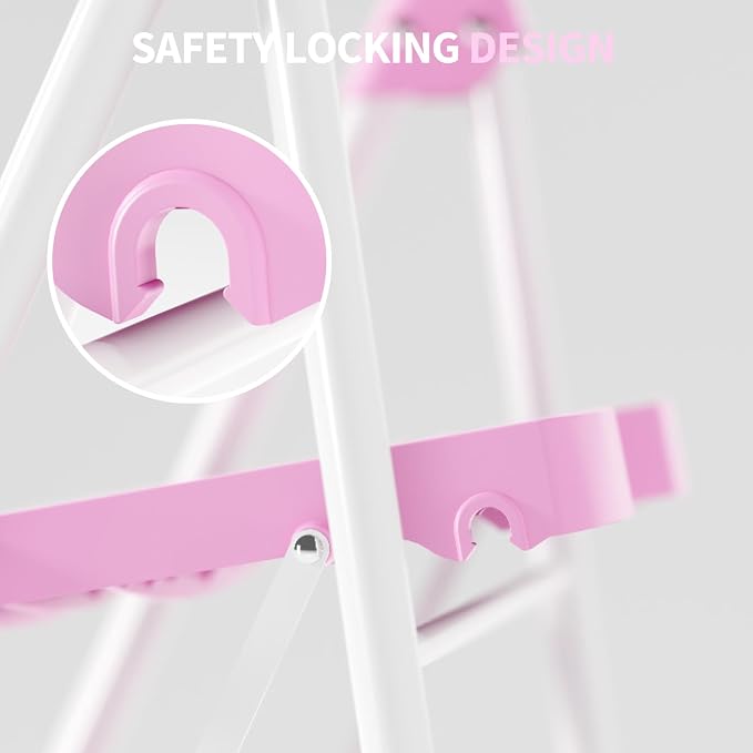 KINGRACK 4 Step Ladder, 900lbs Sturdy Step Stool with Handrail, Anti-Slip Wide Pedals, Foldable Stepladder for Home, Garage, Garden, Household, Pink, Pass 900LBS Testing