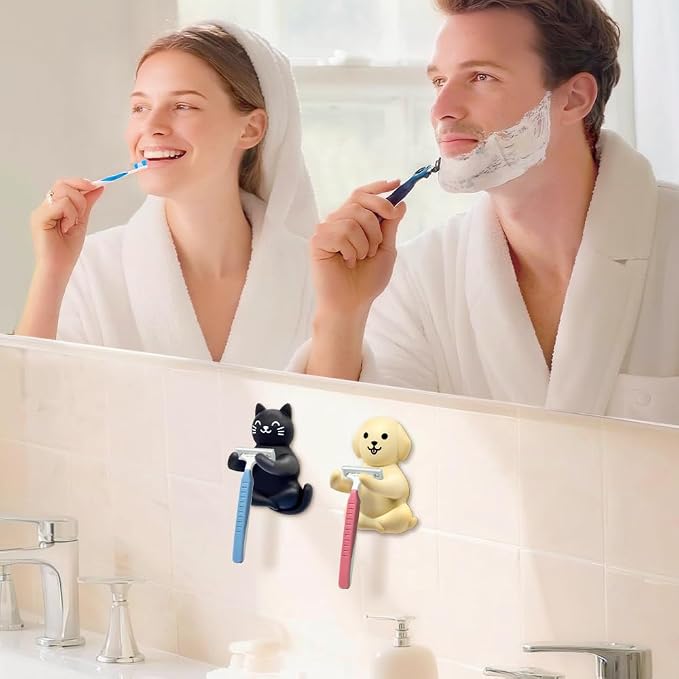 Cute Cat and Dog Waterproof Self-Adhesive Shower Hook Set, Black Cat and Yellow Dog Razor Holder Bathroom Accessories for Men Women Animal Lover, Animal Lover Bathroom Decor Gifts for Women Men