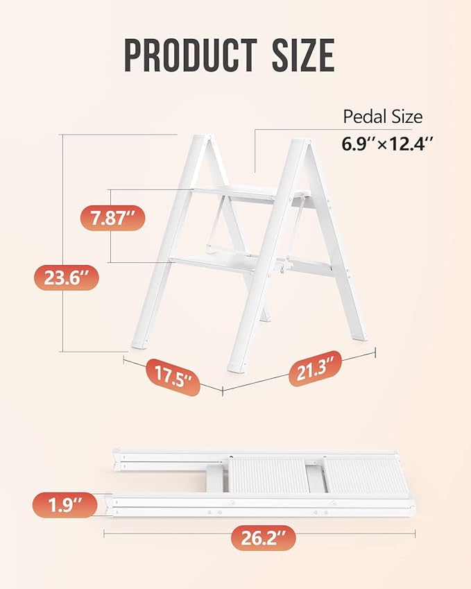 WOA WOA 2 Step Ladder, Foldable Step Stool, Aluminum Lightweight Ladder for Home Kitchen Closet, Anti-Slip Pedals, Ease of Folding, Portable, 300lbs Capacity - White