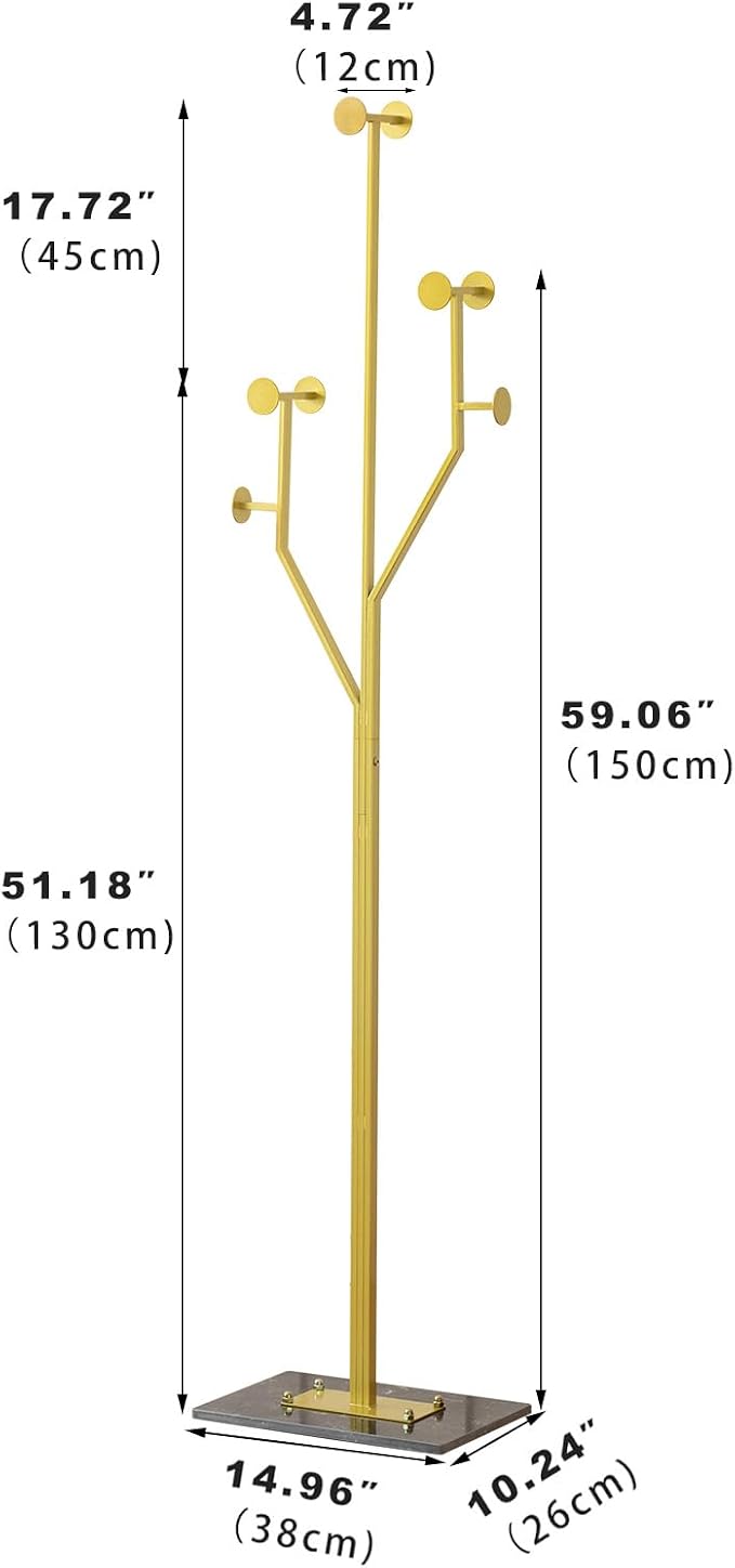 JIAYUEJU Heavy Duty Coat Rack Tree-shaped Metal Freestanding Coat Tree with Sturdy Marble Base Corner Coat Rack for Bedroom Entryway Hallway 14.96 x 10.24 x 68.9 Inches (Gold)