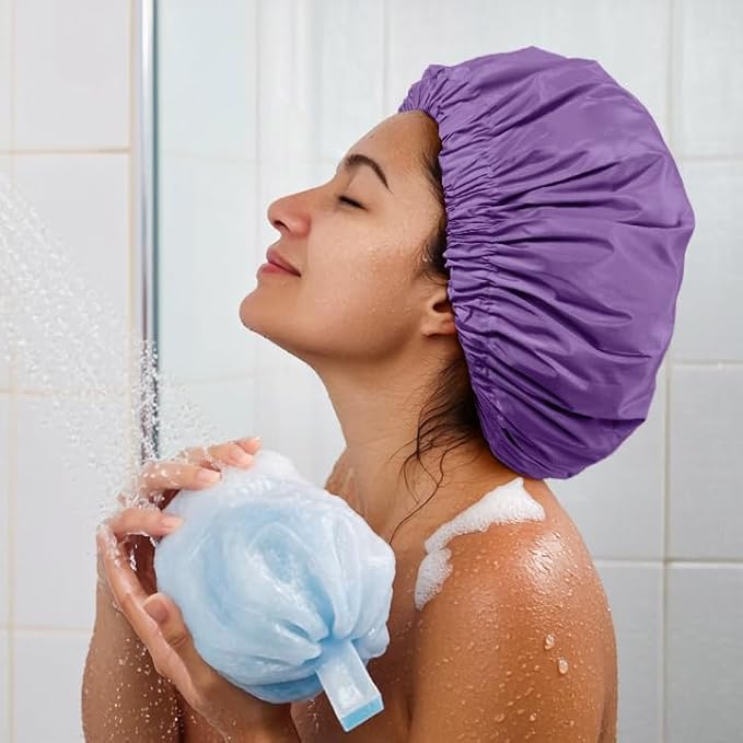 Reusable Shower Cap for Women, Large Waterproof Shower Bonnet with Elastic Band, Washable Bath Hair Cap for Long, Curly Hair, Braids, Daily Shower, Home Spa, Travel(Lavender)