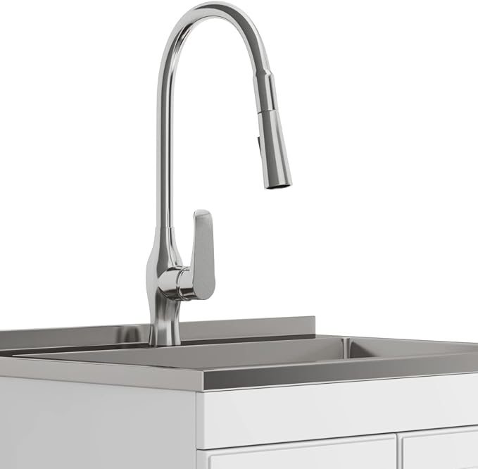 SIMPLIHOME Lawrence All-in-One 28 inch Wide Utility Sink and Laundry Cabinet in Pure White Finish, Transitional Stainless Steel Sink Cabinet for Laundry Rooms with High-Arch Brushed Nickel Faucet