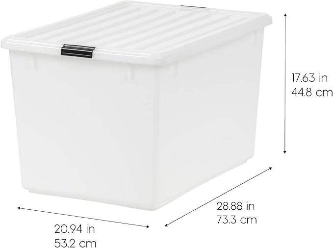 IRIS USA 144 Qt Stackable Plastic Storage Bins with Lids, 3 Pack - BPA-Free, Discreet Organizing Solution, Latches, Durable Nestable Containers, Secure Pull Handle, Made in USA - Pearl