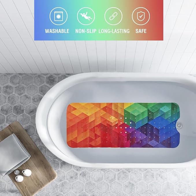 Bathtub Mat Non Slip 40x16 Inch Extra Long Bath Mat, Rainbow Shower Mat Non Slip Bath Mat for Tub Anti Slip with Large Drain Holes and Suction Cups, Modern Art Design Bathroom Mat for Bathroom Decor