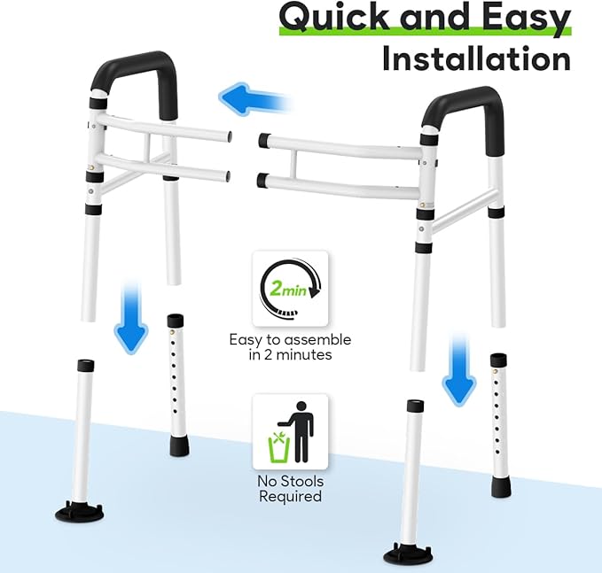 Delog Stand Alone Toilet Safety Rail - Adjustable Width & Height Fit Any Toilet, Medical Toilet Frame for Elderly Handicap Disabled (Black)