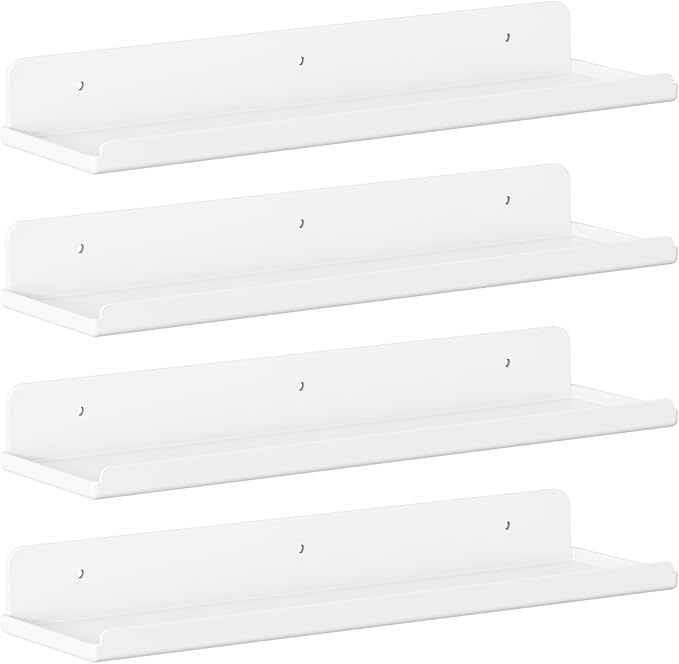 Lifewit Floating Shelves for Bathroom, Acrylic Display Shelf Wall Mounted for Makeup, Skincare, Nail Polish, Book, 14" Perfume Organizer for Bedroom, Living Room, Nursery, Home Decor, White, 4 Pack