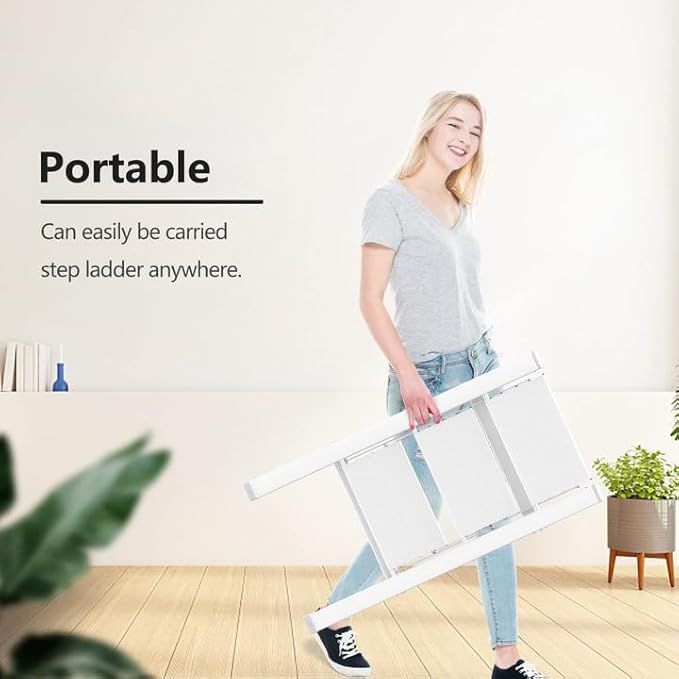 SOLADDER Step Ladder 3 Step Folding, Small Step Stool for Adults, Portable Anti-Slip Iron Stepladder with Wide Pedals for Home and Kitchen Use, Space Saving - White (300 lbs)